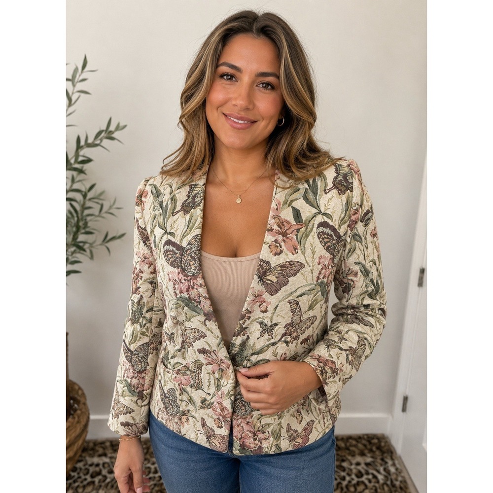 Vintage Butterfly Floral Tapestry Blazer Womens 6 Cottagecore Art Jacket USA